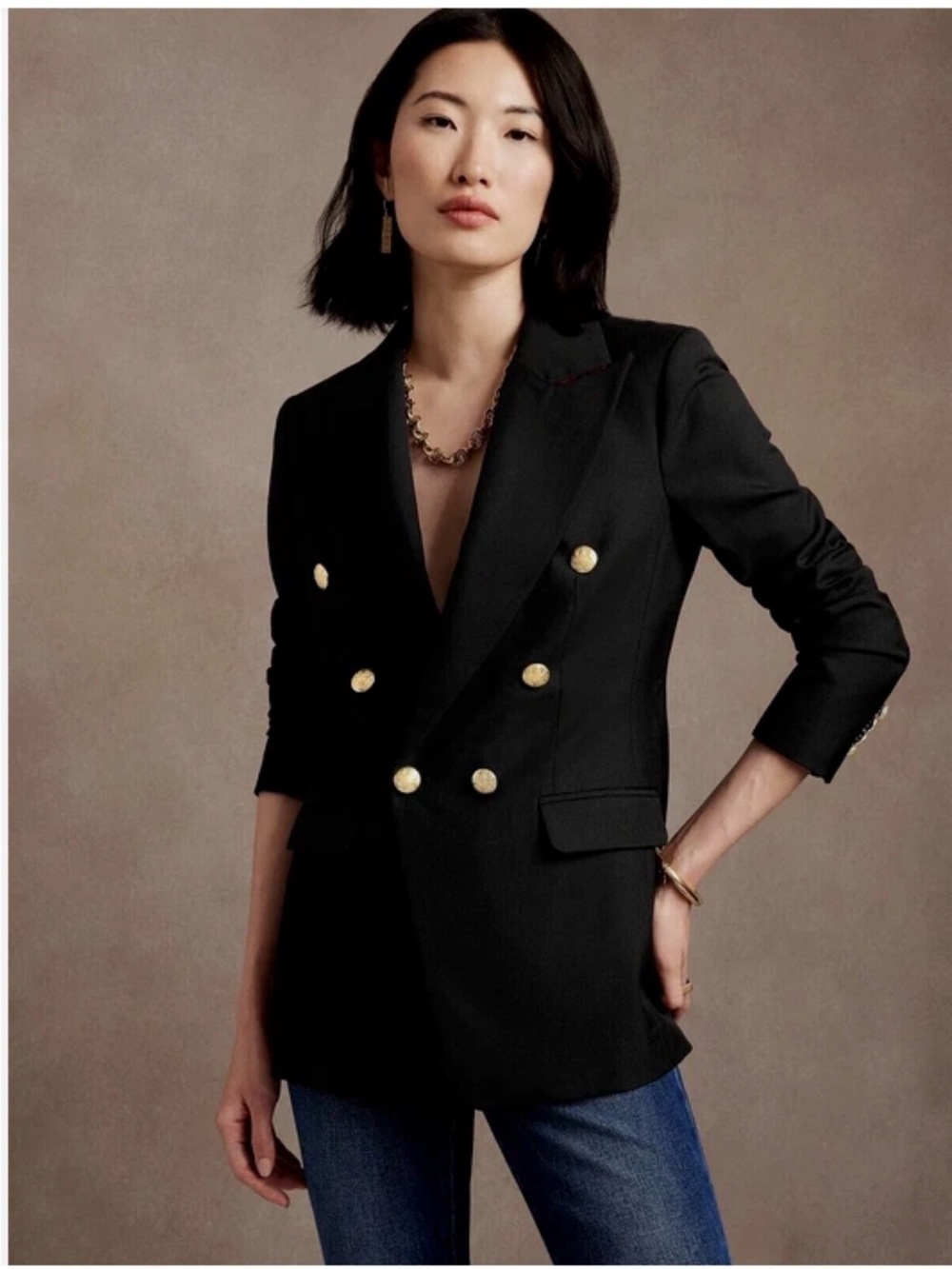 Banana Republic Double-Breasted Black Captain’s Blazer with Gold Buttons 0P